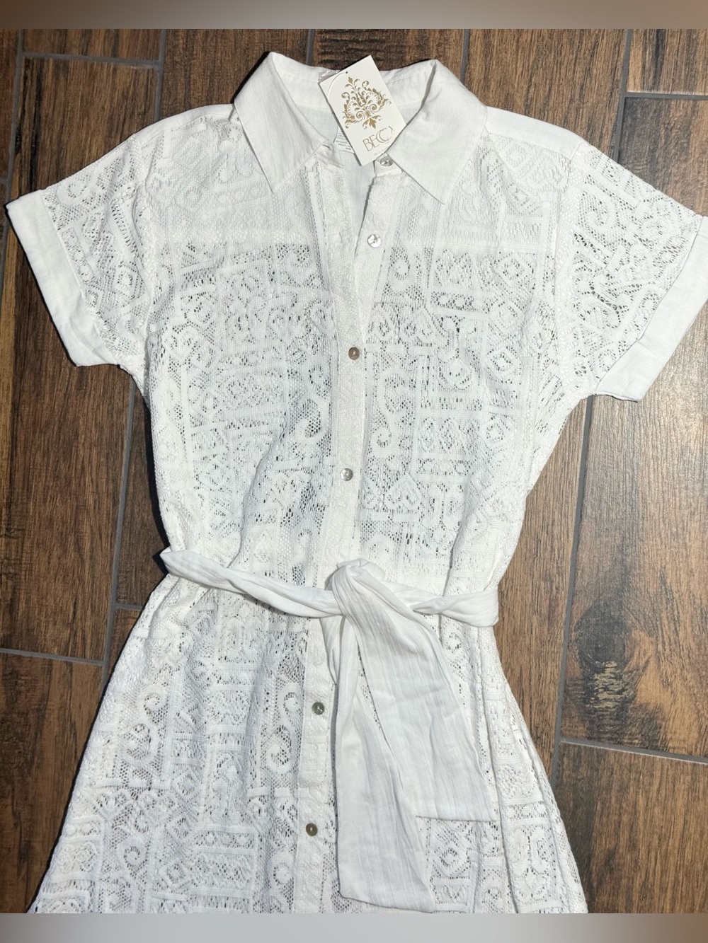 BECCA White Lace Midi Dress with Tie Waist - Picture 9 of 11